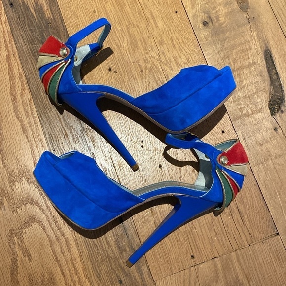 Havi Elle Rare Luxury Cobalt Blue Platform Suede PeepToe Made in Italy Heels 7.5 - Picture 1 of 13